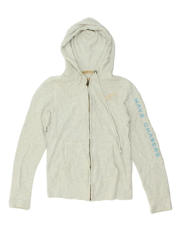 HOLLISTER Womens Graphic Zip Hoodie Sweater UK 10 Small Grey Cotton Modern Contemporary Chic
