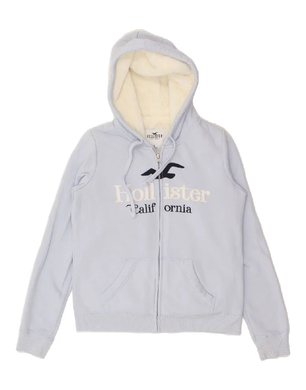HOLLISTER Womens Sherpa Graphic Zip Hoodie Sweater UK 10 Small Blue Cotton Mesh Fabric Canvas Fabric Denim Fabric