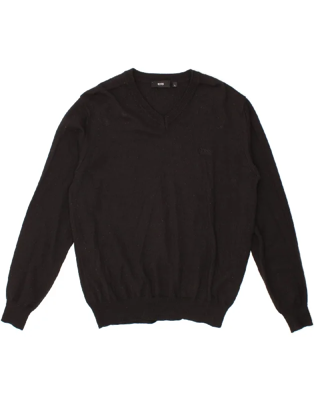 HUGO BOSS Womens V-Neck Jumper Sweater UK 16 Large Black Spandex Rayon Corduroy