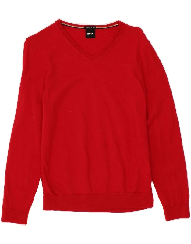 HUGO BOSS Womens V-Neck Jumper Sweater UK 16 Large Red Wool Long Sweater Short Sweater Cropped Sweater