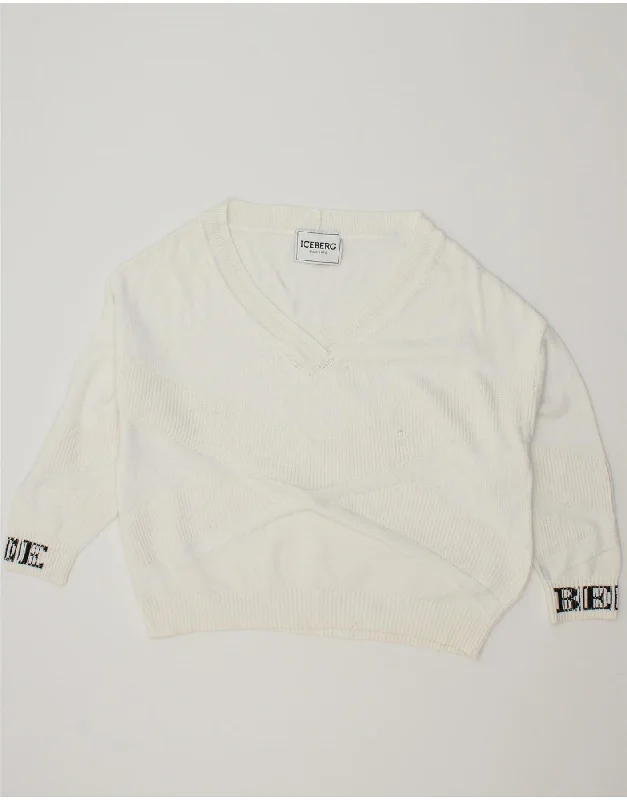 ICEBERG Womens Oversized 3/4 Sleeve V-Neck Jumper Sweater UK 18 XL White Spandex Blend Rayon Blend Denim Blend ICEBERG Womens Oversized 3/4 Sleeve V-Neck Jumper Sweater UK 18 XL White Spandex Blend Rayon Blend Denim Blend