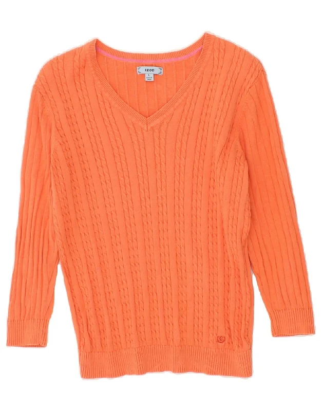 IZOD Womens V-Neck Jumper Sweater UK 14 Large Orange Cotton Modern Contemporary Chic