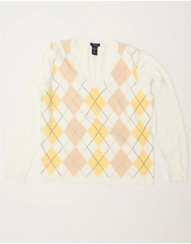 IZOD Womens V-Neck Jumper Sweater UK 14 Large White Argyle/Diamond Cotton Seamless Knitted Crochet
