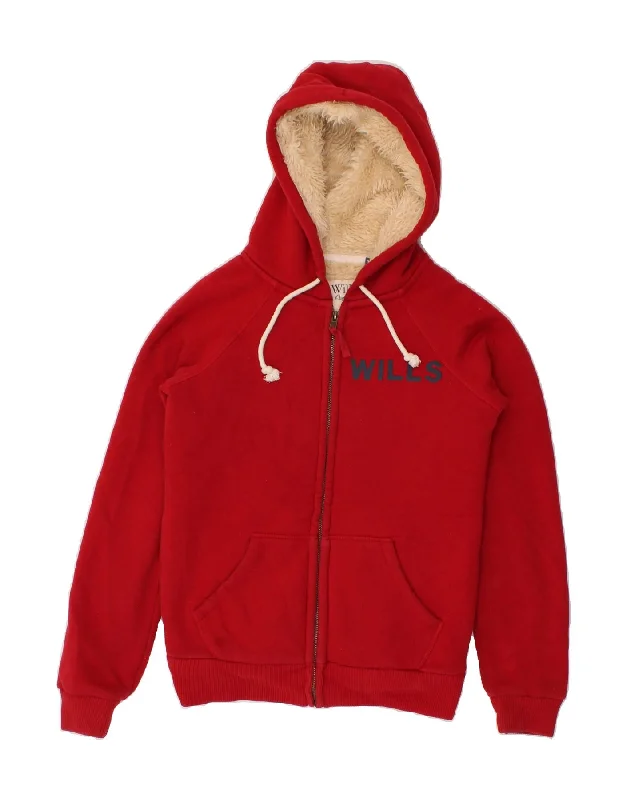 JACK WILLS Womens Sherpa Graphic Zip Hoodie Sweater UK 8 Small Red Cotton Sweater Knitwear Pullover