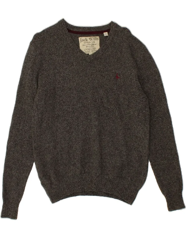 JACK WILLS Womens V-Neck Jumper Sweater UK 14 Large Grey Merino Wool Mesh Blend Leather Blend Suede Blend JACK WILLS Womens V-Neck Jumper Sweater UK 14 Large Grey Merino Wool Mesh Blend Leather Blend Suede Blend