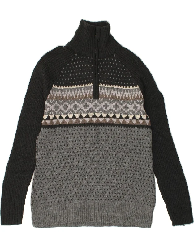L.L.BEAN Womens Zip Neck Jumper Sweater UK 12 Medium Grey Fair Isle Fleece Sweater Nylon Polyester