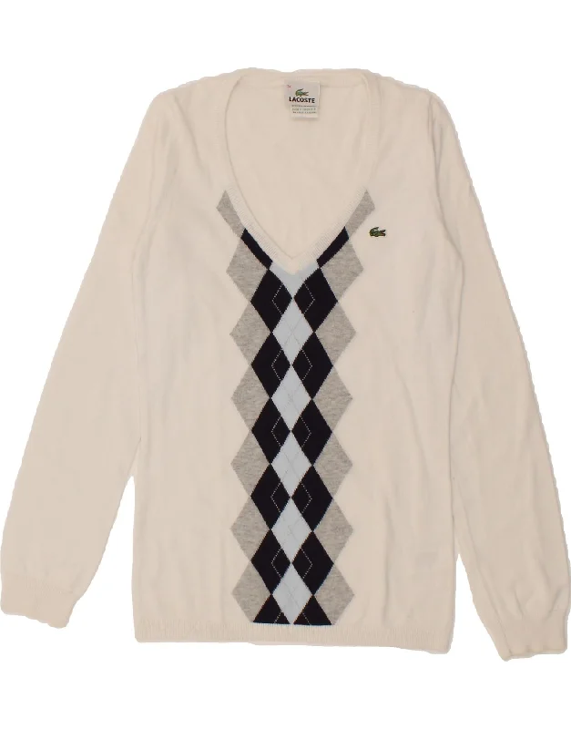 LACOSTE Womens V-Neck Jumper Sweater Size 34 Small White Argyle/Diamond Fitted Slim Tailored