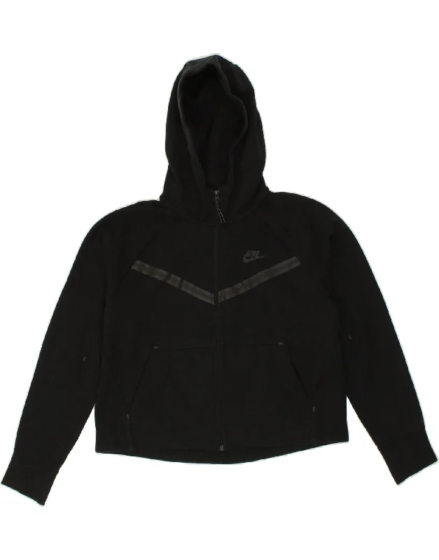 NIKE Womens Crop Zip Hoodie Sweater UK 14 Medium Black Cotton Chenille Brocade Lace