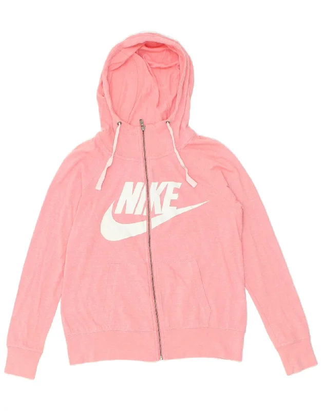 NIKE Womens Graphic Zip Hoodie Sweater UK 14 Medium Pink Cotton