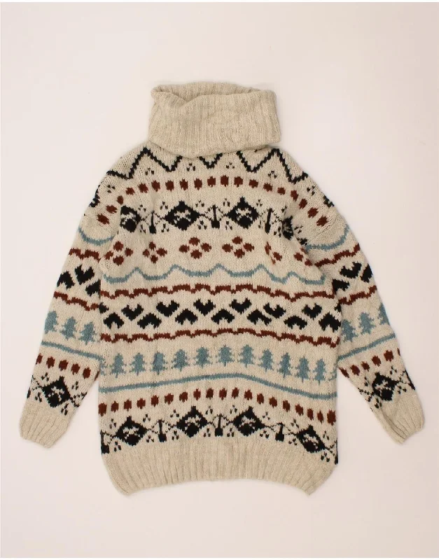 PIAZZA ITALIA Womens Roll Neck Jumper Sweater UK 14 Medium Beige Fair Isle Satin Blend Silk Blend Wool Blend