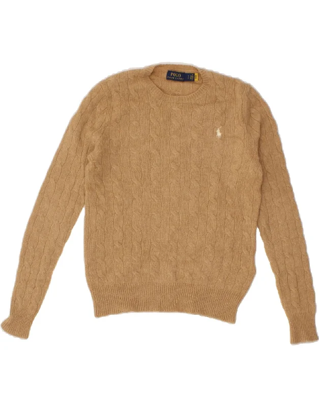 POLO RALPH LAUREN Womens Crew Neck Jumper Sweater UK 10 Small Beige Wool Bright Pastel Dark