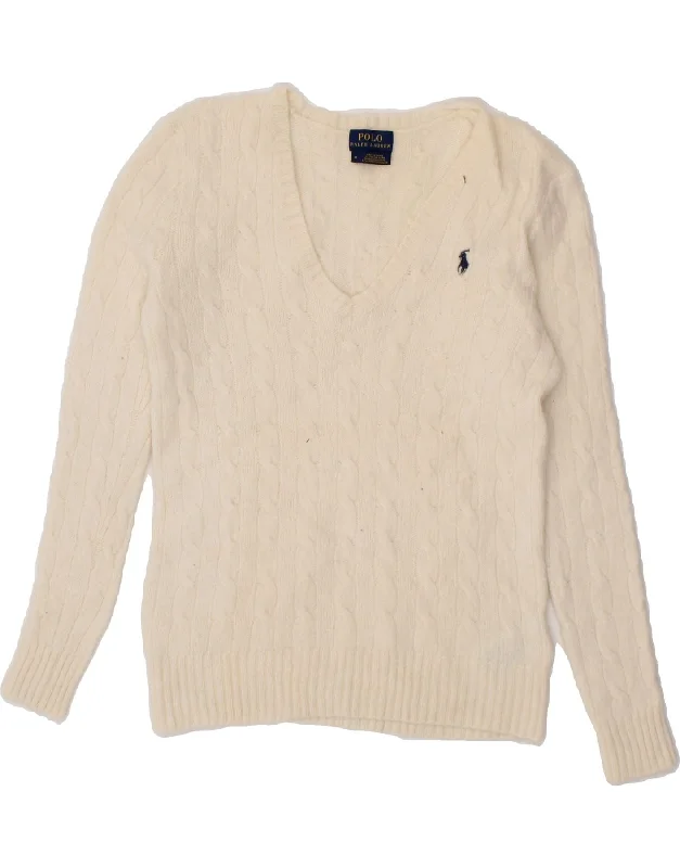 POLO RALPH LAUREN Womens V-Neck Jumper Sweater UK 12 Medium Beige Wool