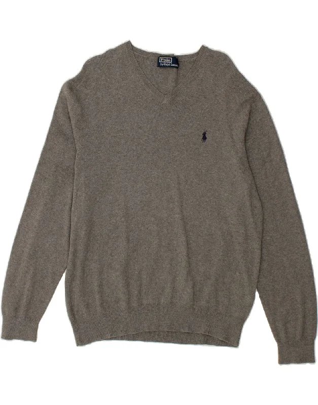 POLO RALPH LAUREN Womens V-Neck Jumper Sweater UK 16 Large Grey Cotton Spandex Blend Rayon Blend Denim Blend POLO RALPH LAUREN Womens V-Neck Jumper Sweater UK 16 Large Grey Cotton Spandex Blend Rayon Blend Denim Blend