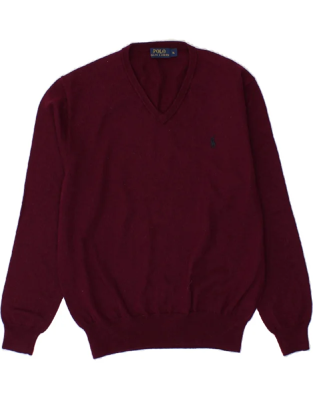 POLO RALPH LAUREN Womens V-Neck Jumper Sweater UK 18 XL Burgundy Wool Ribbed Striped Patterned POLO RALPH LAUREN Womens V-Neck Jumper Sweater UK 18 XL Burgundy Wool Ribbed Striped Patterned