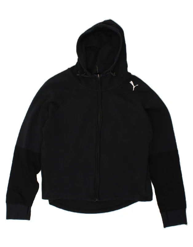 PUMA Womens Zip Hoodie Sweater UK 14 Large Black Polyester Striped Floral Plaid