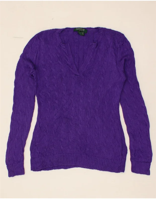 RALPH LAUREN Womens Petite V-Neck Jumper Sweater UK 10 Small Purple Cotton