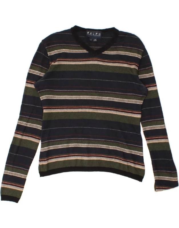 RALPH LAUREN Womens V-Neck Jumper Sweater UK 10 Small Navy Blue Striped High Neck Crew Neck V-Neck