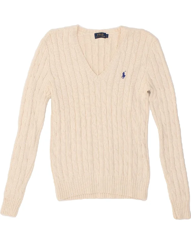 RALPH LAUREN Womens V-Neck Jumper Sweater UK 10 Small Off White Cotton Machine Wash Dry Clean Hand Wash