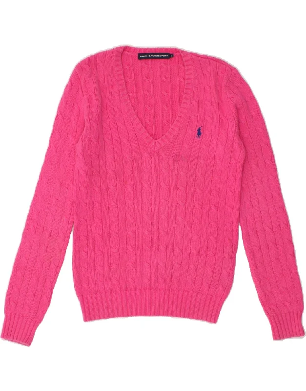 RALPH LAUREN Womens V-Neck Jumper Sweater UK 10 Small Pink Cotton Stylish Fashionable Trendy