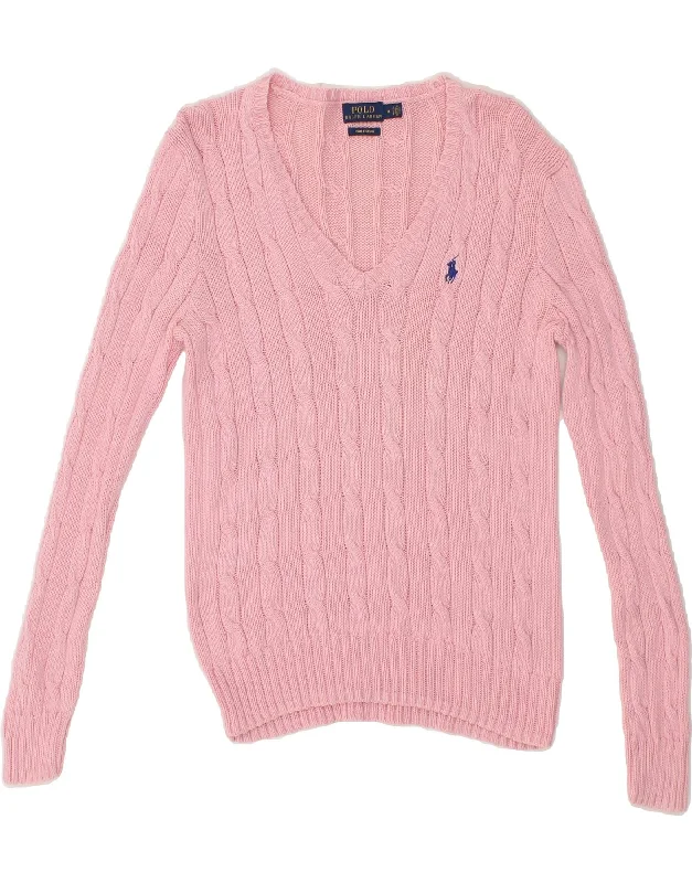 RALPH LAUREN Womens V-Neck Jumper Sweater UK 12 Medium Pink Cotton Anti-Pilling Anti-Shrink Durable