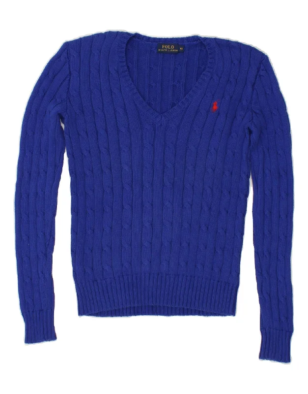 RALPH LAUREN Womens V-Neck Jumper Sweater UK 6 XS Blue Cotton Hooded Sweater Collared Sweater Shawl Collar