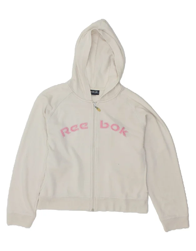 REEBOK Womens Crop Graphic Zip Hoodie Sweater UK 14 Medium White Real Fur Shearling Chenille