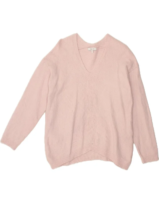 REISS Womens Oversized V-Neck Jumper Sweater UK 10 Small Pink Viscose Slim Fit Regular Fit Oversized
