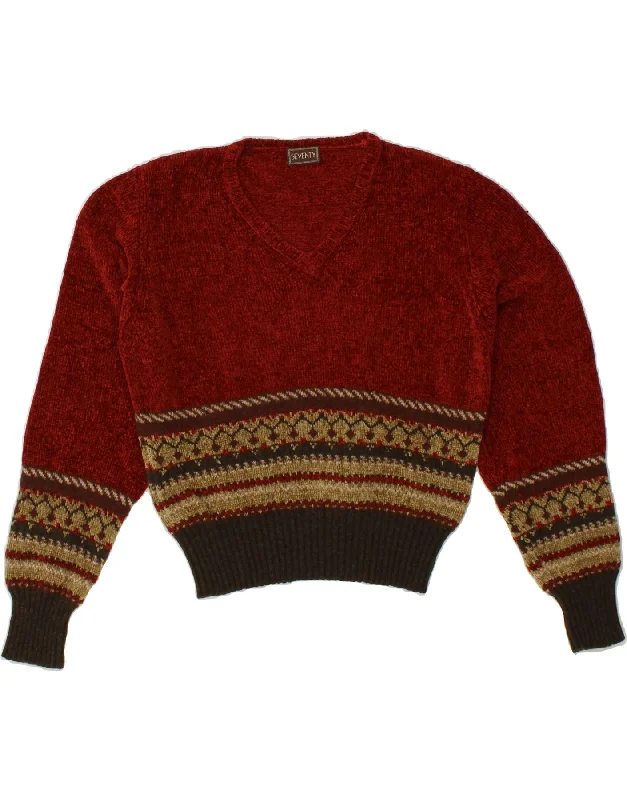 SEVENTY Womens V-Neck Jumper Sweater UK 14 Medium Burgundy Fair Isle Wool