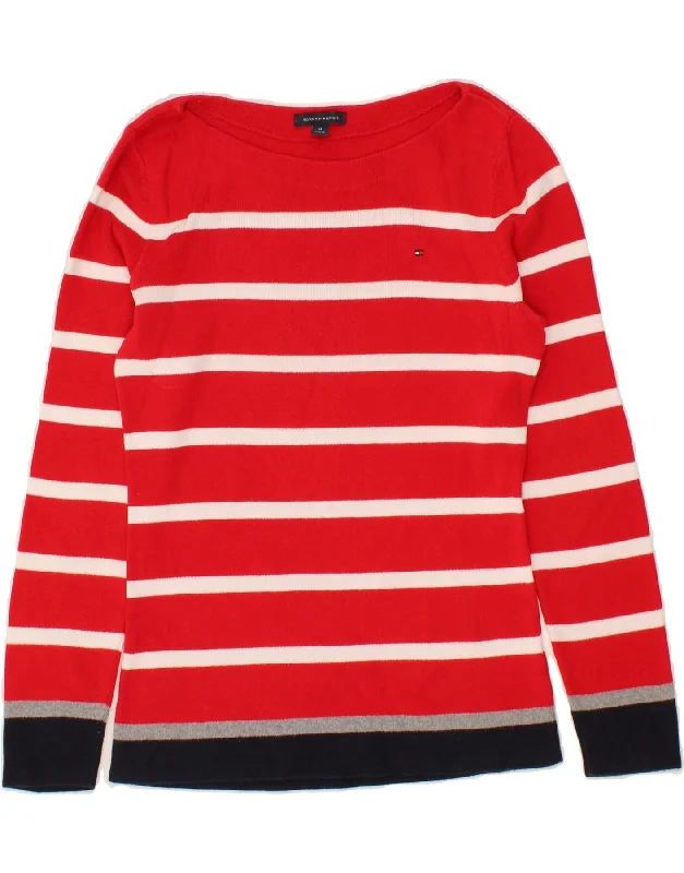 TOMMY HILFIGER Womens Boat Neck Jumper Sweater UK 14 Medium Red Striped Welt Pockets Slit Pockets Flap Pockets