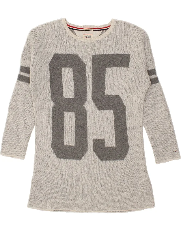 TOMMY HILFIGER Womens Graphic Crew Neck Jumper Sweater UK 10 Small Grey Knit Fabric Woven Fabric Fleece Fabric TOMMY HILFIGER Womens Graphic Crew Neck Jumper Sweater UK 10 Small Grey Knit Fabric Woven Fabric Fleece Fabric