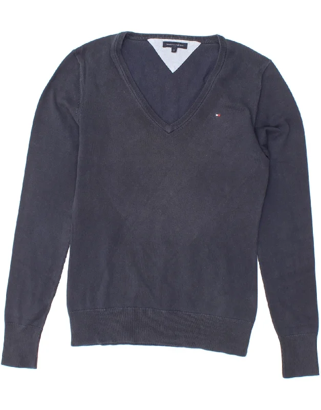 TOMMY HILFIGER Womens V-Neck Jumper Sweater UK 10 Small Navy Blue Cotton Chenille Brocade Lace TOMMY HILFIGER Womens V-Neck Jumper Sweater UK 10 Small Navy Blue Cotton Chenille Brocade Lace