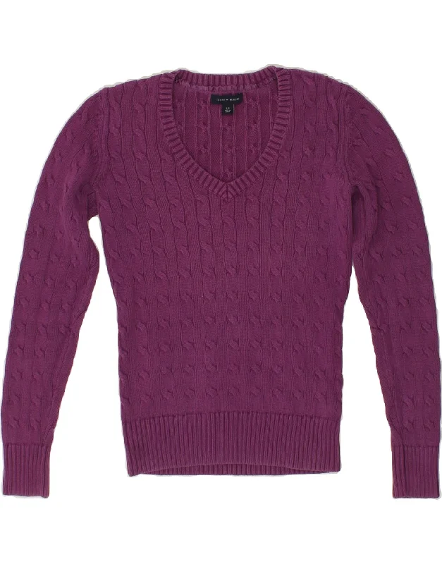 TOMMY HILFIGER Womens V-Neck Jumper Sweater UK 10 Small Purple Cotton