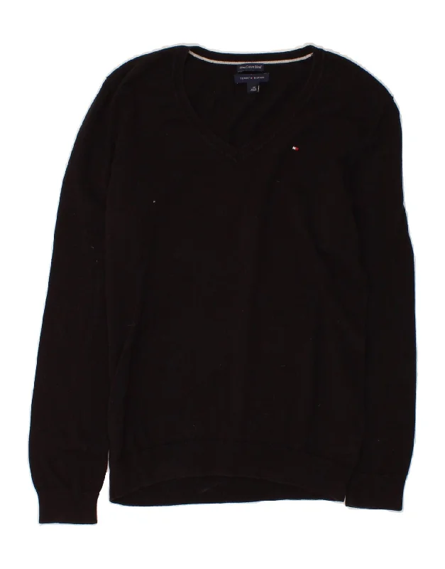 TOMMY HILFIGER Womens V-Neck Jumper Sweater UK 14 Large Black Cotton