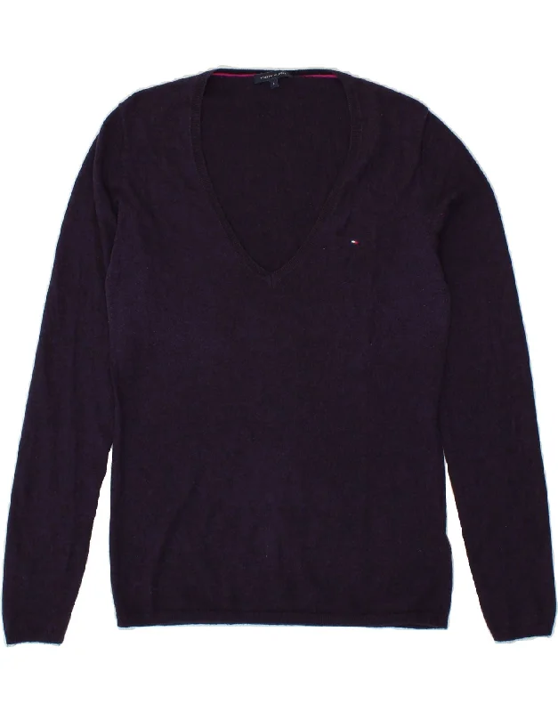 TOMMY HILFIGER Womens V-Neck Jumper Sweater UK 14 Large Navy Blue Wool