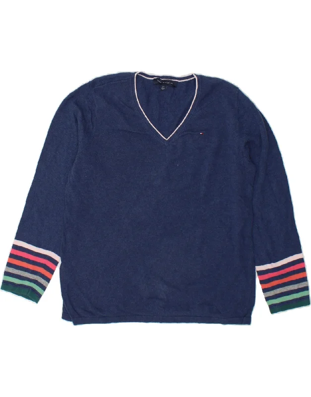 TOMMY HILFIGER Womens V-Neck Jumper Sweater UK 16 Large Blue Cotton Mesh Blend Leather Blend Suede Blend