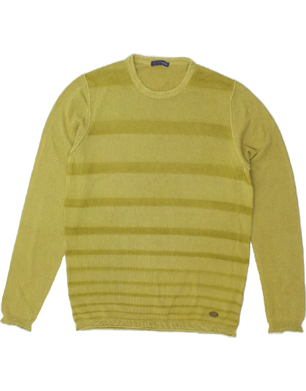 TRUSSARDI Womens Crew Neck Jumper Sweater UK 14 Medium Green Striped Chenille Blend Fleece Blend Nylon Blend