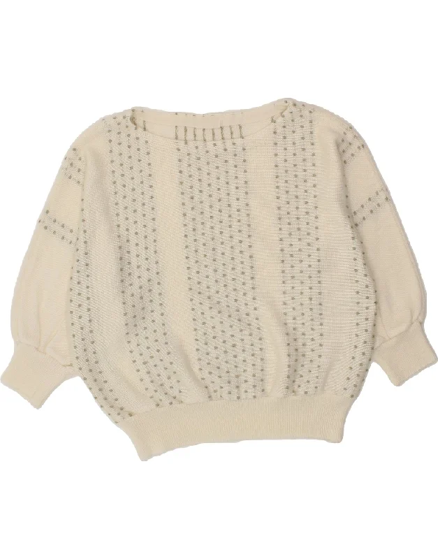VINTAGE Womens 3/4 Sleeve Boat Neck Jumper Sweater UK 16 Large Off White Glossy Satin Silk
