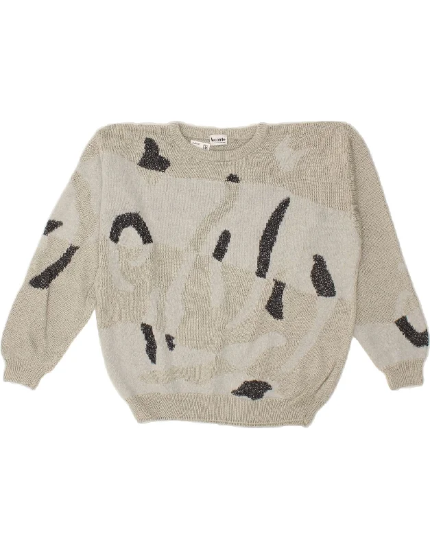 VINTAGE Womens Abstract Pattern Boat Neck Jumper Sweater UK 16 Large Grey Silk Blend Satin Velvet