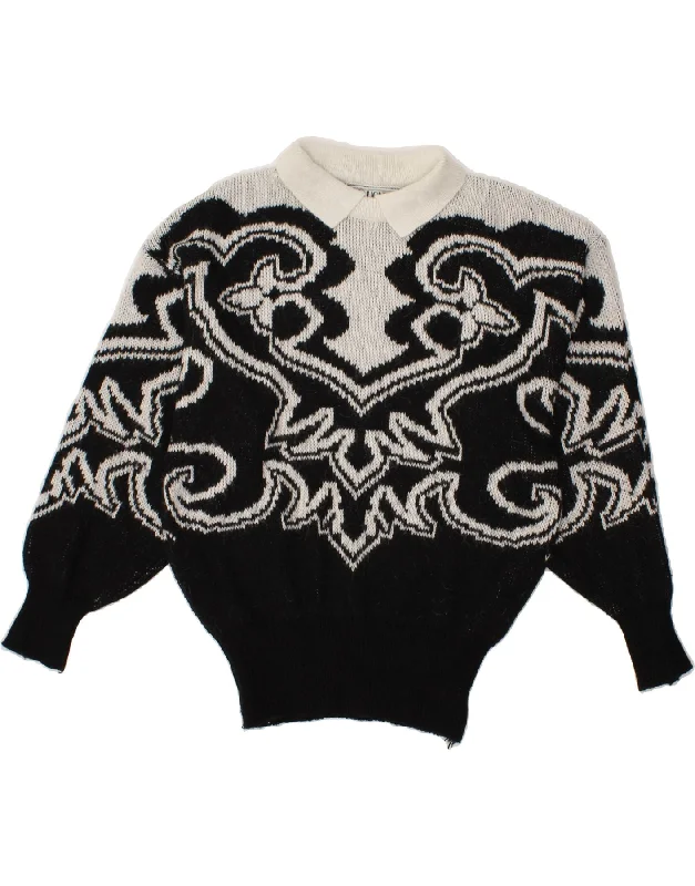VINTAGE Womens Abstract Pattern Polo Neck Jumper Sweater One Size Black Casual Formal Business