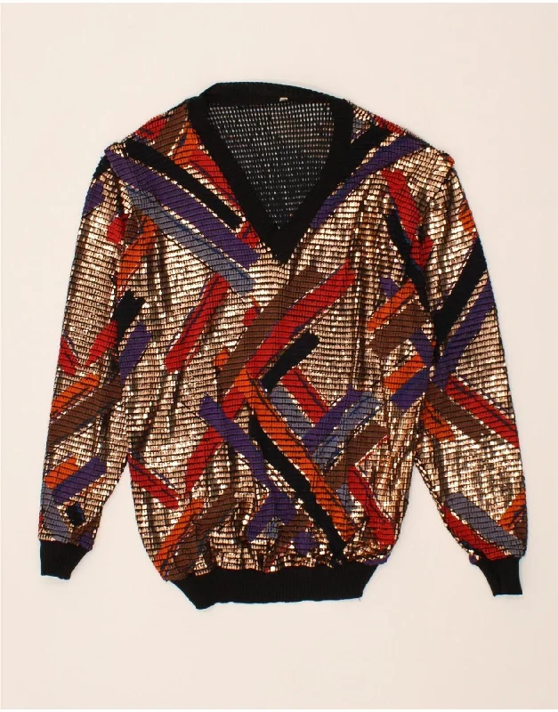 VINTAGE Womens Abstract Pattern V-Neck Jumper Sweater EU 42 Large Brown Denim Fabric Leather Fabric Suede Fabric