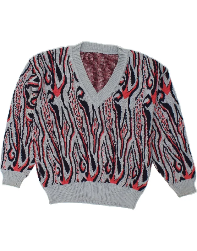 VINTAGE Womens Abstract Pattern V-Neck Jumper Sweater UK 16 Large Grey Satin Blend Silk Blend Wool Blend VINTAGE Womens Abstract Pattern V-Neck Jumper Sweater UK 16 Large Grey Satin Blend Silk Blend Wool Blend