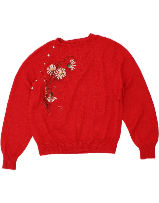 VINTAGE Womens Boat Neck Jumper Sweater UK 12 Medium Red Floral Wool Sweater Cotton Sweater Cashmere Sweater VINTAGE Womens Boat Neck Jumper Sweater UK 12 Medium Red Floral Wool Sweater Cotton Sweater Cashmere Sweater