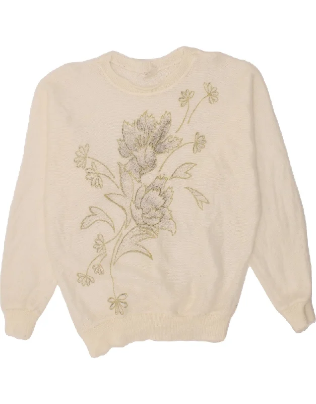 VINTAGE Womens Boat Neck Jumper Sweater UK 14 Large Off White Floral Bright Pastel Dark