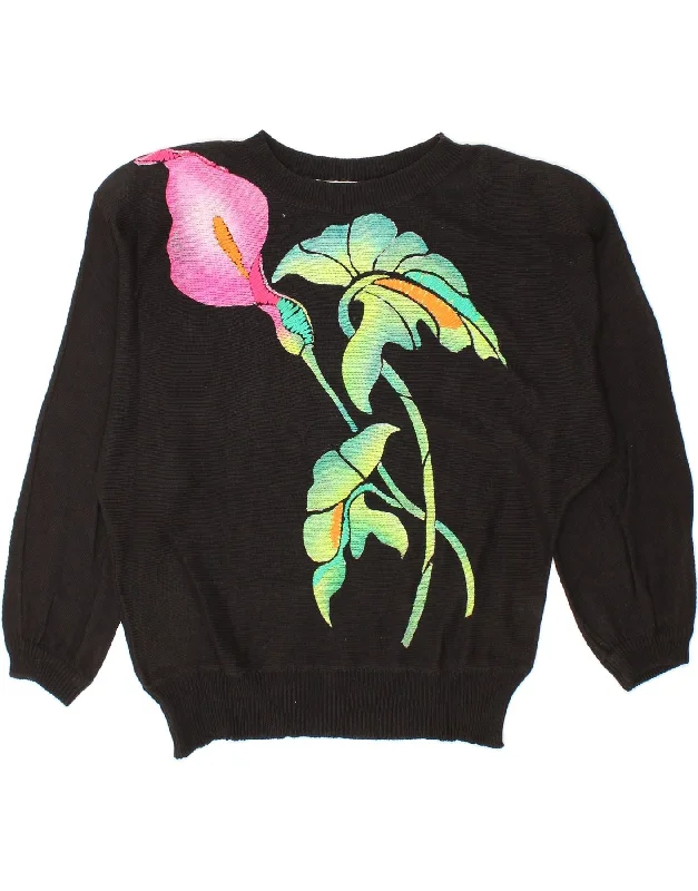 VINTAGE Womens Boat Neck Jumper Sweater UK 14 Medium Black Floral Cotton Welt Pockets Slit Pockets Flap Pockets VINTAGE Womens Boat Neck Jumper Sweater UK 14 Medium Black Floral Cotton Welt Pockets Slit Pockets Flap Pockets