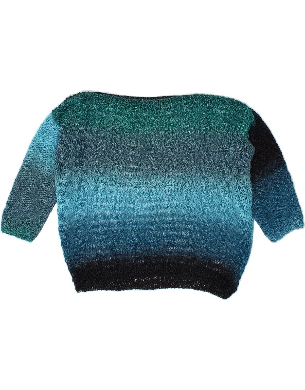 VINTAGE Womens Boat Neck Jumper Sweater UK 14 Medium Blue Colourblock Houndstooth Herringbone Solid