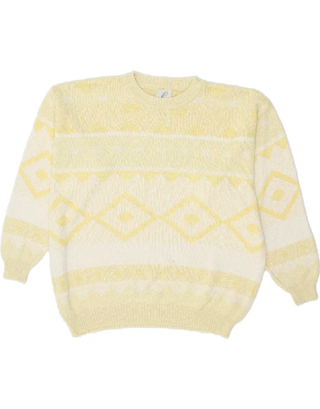 VINTAGE Womens Crew Neck Jumper Sweater EU 40 Medium Yellow Argyle/Diamond