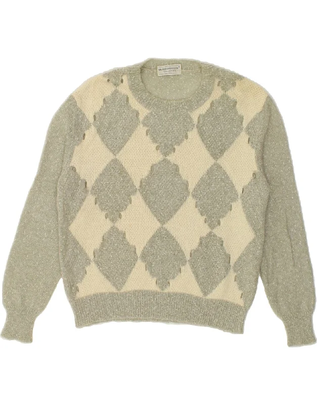 VINTAGE Womens Crew Neck Jumper Sweater IT 44 Medium Grey Argyle/Diamond Neon Metallic Matte VINTAGE Womens Crew Neck Jumper Sweater IT 44 Medium Grey Argyle/Diamond Neon Metallic Matte