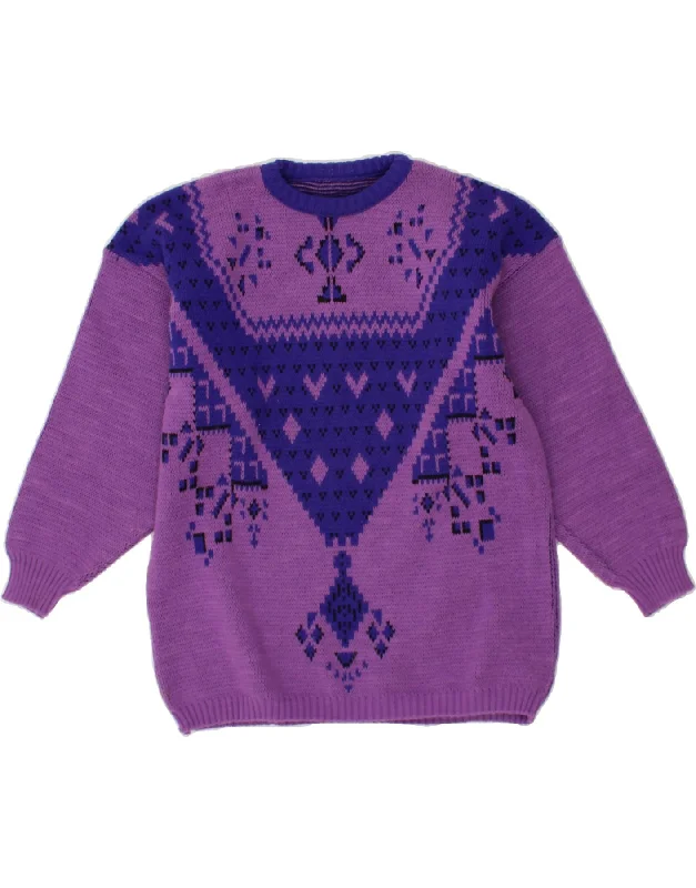 VINTAGE Womens Crew Neck Jumper Sweater UK 14 Large Purple Geometric