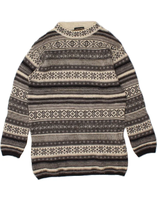 VINTAGE Womens Crew Neck Jumper Sweater UK 16 Large Grey Fair Isle Cashmere Blend Cotton Blend Poly Blend