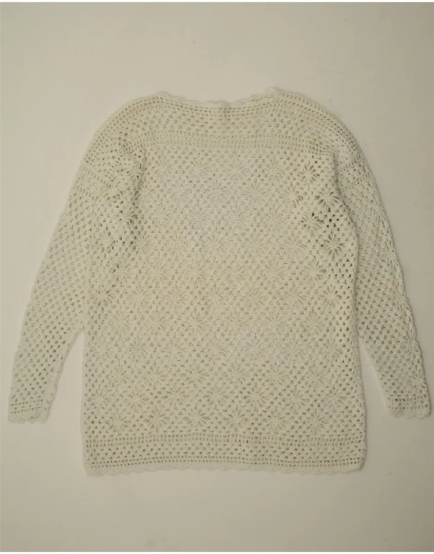 VINTAGE Womens Crochet Boat Neck Jumper Sweater UK 16 Large White